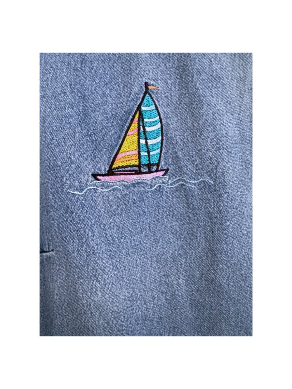 Vintage TY Wear Denim Sailboat Embroidered Shift Dress Coastal Nautical Size 10 - Picture 6 of 8
